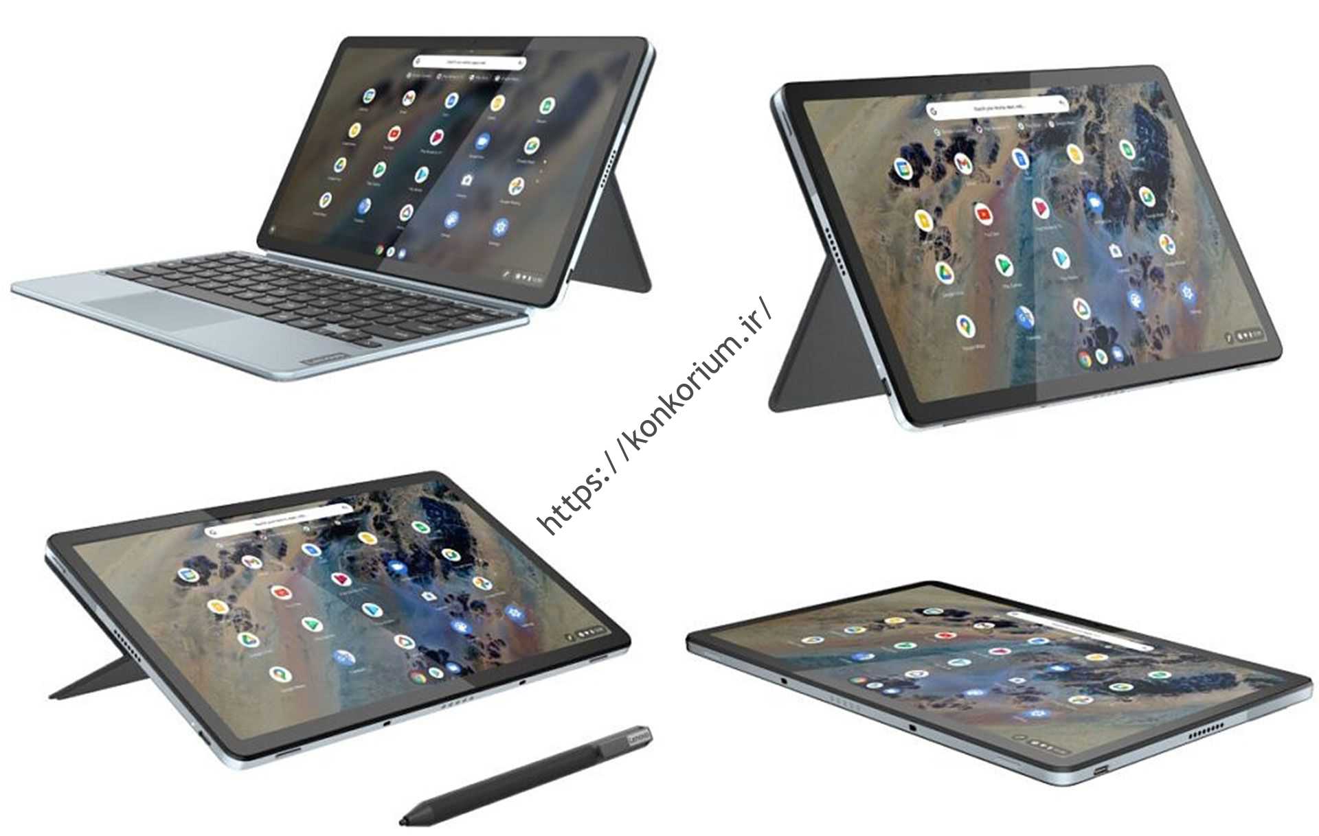 Lenovo IdeaPad Flex 3i Chromebook با قلم در حالت‌ها و زوایای مختلف